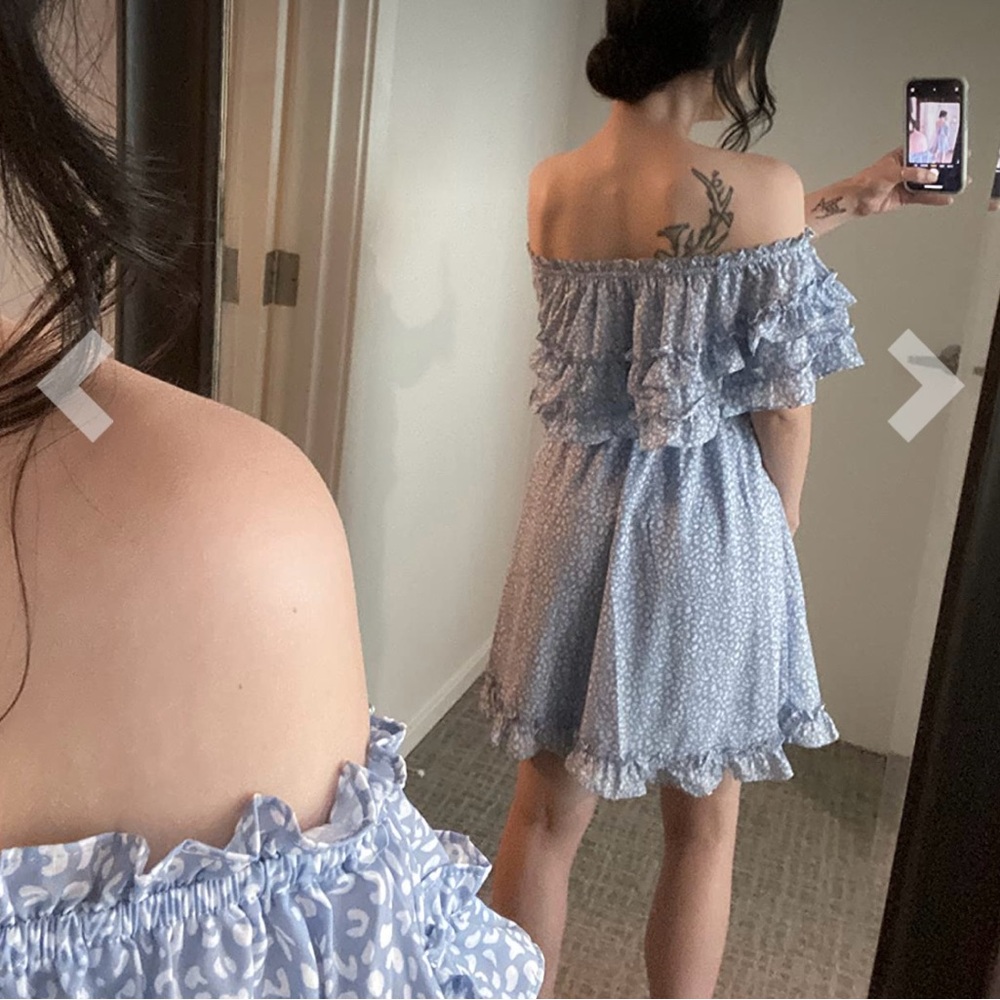 Super cute off shoulder dress!! Brand new. Never worn. Size Large.